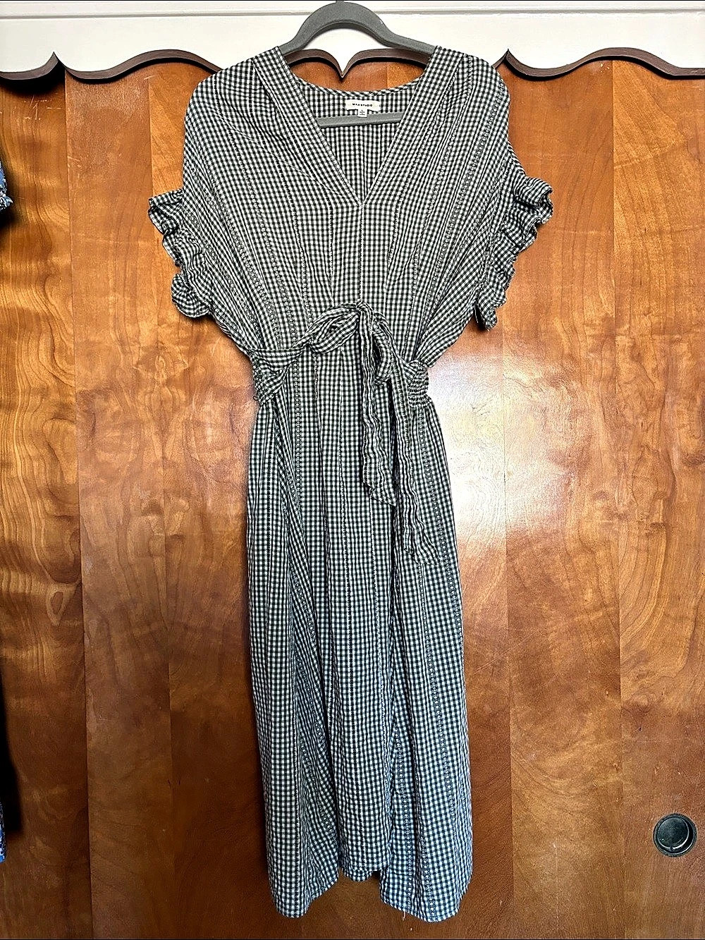 MAX STUDIO Gingham Tie-Waist kimono style dress in Green & White Small